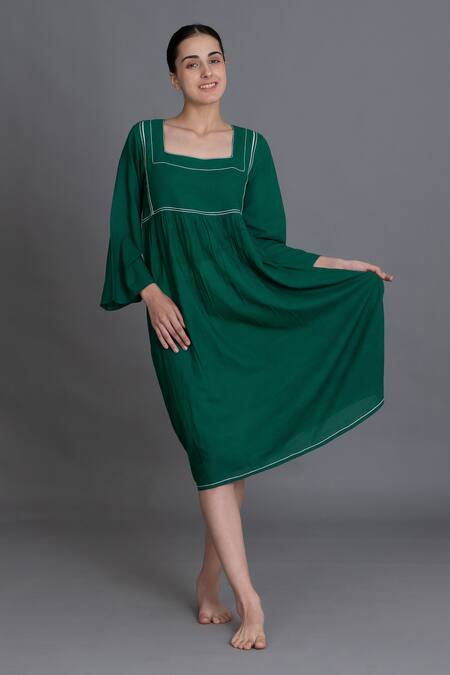 Shop_Khat_Green Handloom Cotton Embroidery Square Neck Dress _Online_at_Aza_Fashions
