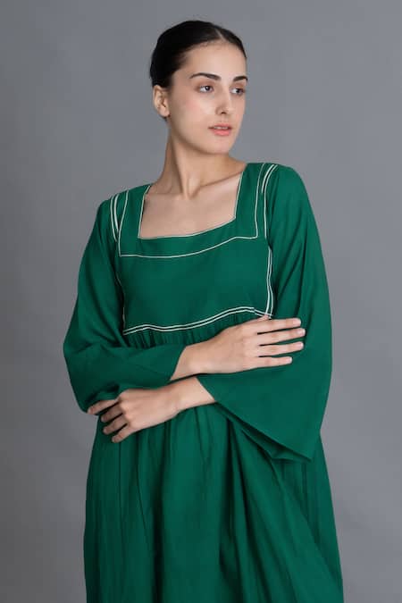 Khat_Green Handloom Cotton Embroidery Square Neck Dress _at_Aza_Fashions
