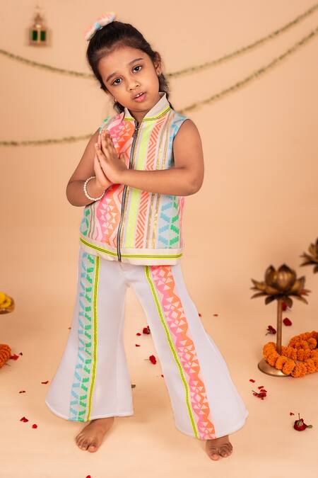 Toplove_Multi Color Embroidery Geometric Print Bomber Jacket And Pant Set _Online_at_Aza_Fashions