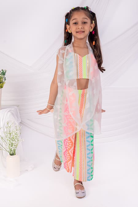 Toplove_Multi Color Organza Embroidery, Sequins Geometric Print Shrug Set _Online_at_Aza_Fashions