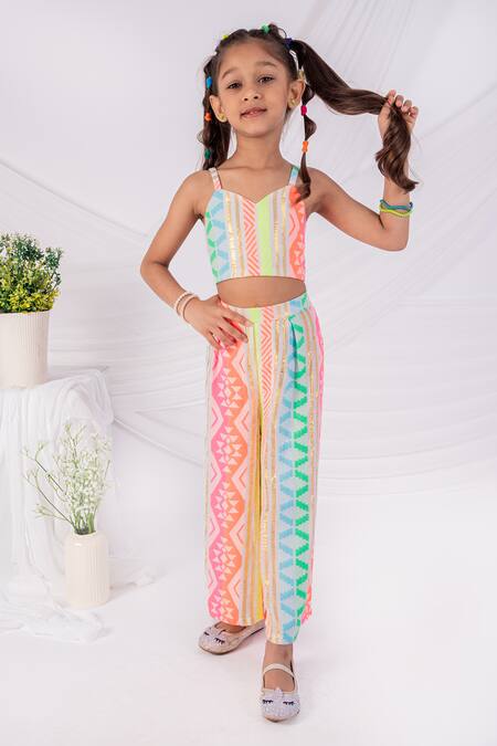 Toplove_Multi Color Zari Geometric Pattern Crop Top And Pant Set _Online_at_Aza_Fashions