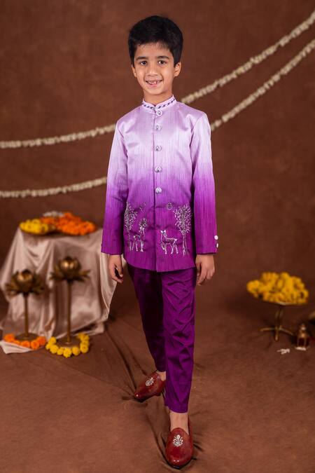 Toplove_Purple Dupion, Silk Embroidery Ombre Deer Motif Sherwani And Trouser Set _Online_at_Aza_Fashions