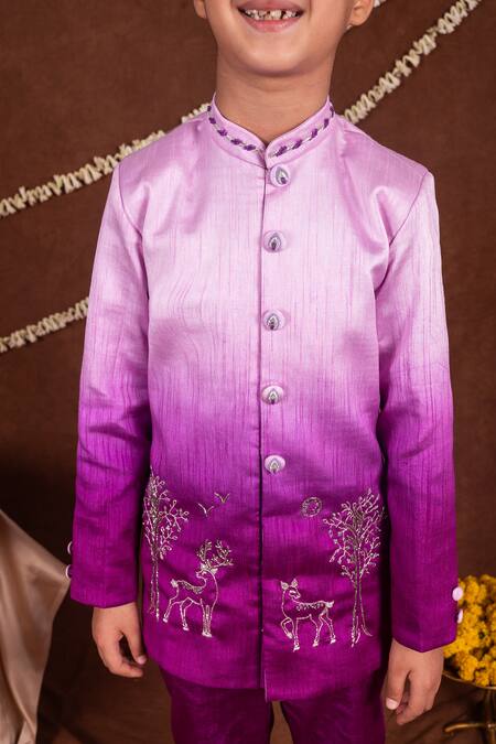 Shop_Toplove_Purple Dupion, Silk Embroidery Ombre Deer Motif Sherwani And Trouser Set _Online_at_Aza_Fashions