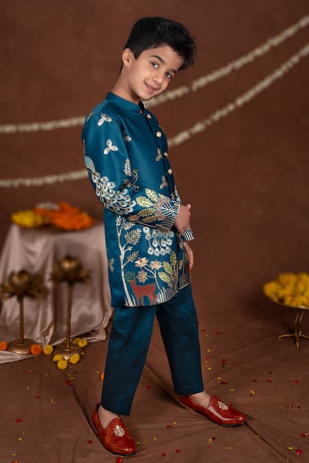 Toplove_Teal Satin Embroidery Peacock And Deer Sherwani Set _Online_at_Aza_Fashions