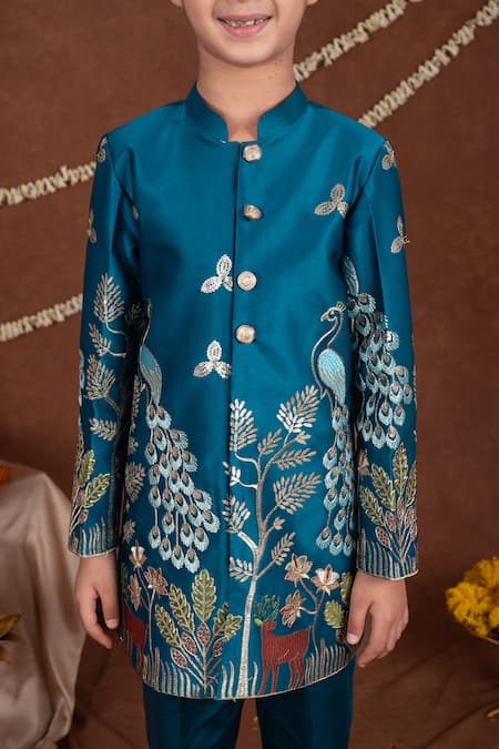 Buy_Toplove_Teal Satin Embroidery Peacock And Deer Sherwani Set _Online_at_Aza_Fashions