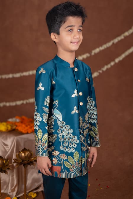 Shop_Toplove_Teal Satin Embroidery Peacock And Deer Sherwani Set _Online_at_Aza_Fashions