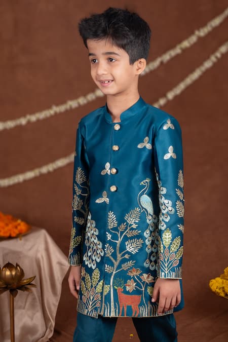 Toplove_Teal Satin Embroidery Peacock And Deer Sherwani Set _at_Aza_Fashions