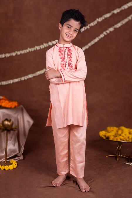 Shop_Toplove_Peach Cotton, Silk Embroidery, Pearls Kurta And Pajama Set _Online_at_Aza_Fashions