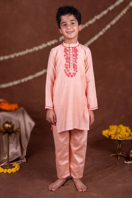 Toplove_Peach Cotton, Silk Embroidery, Pearls Kurta And Pajama Set _at_Aza_Fashions
