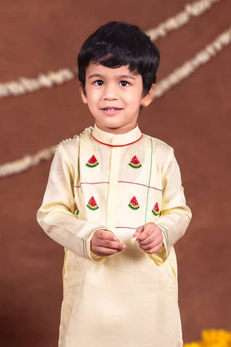 Toplove_Yellow Cotton, Silk Embroidery, Beads Watermelon Kurta And Pajama Set _Online_at_Aza_Fashions