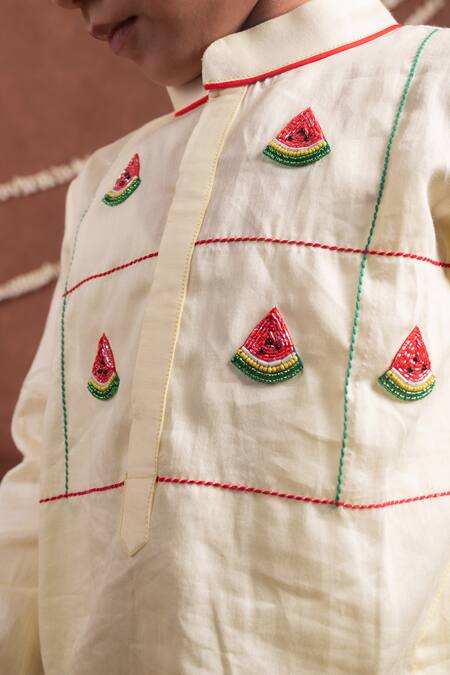 Toplove_Yellow Cotton, Silk Embroidery, Beads Watermelon Kurta And Pajama Set _at_Aza_Fashions