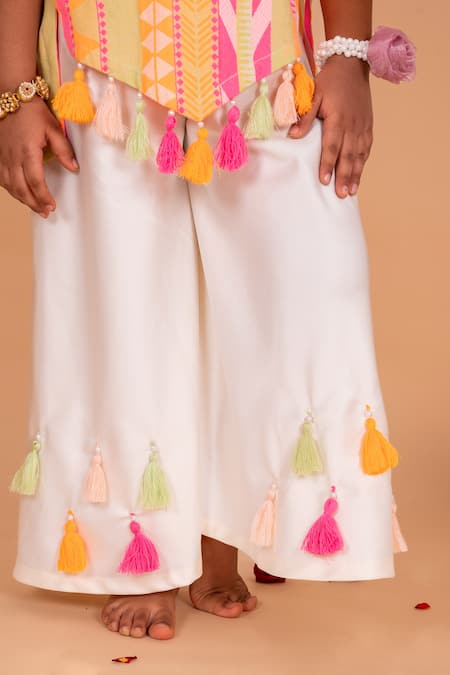 Toplove_Multi Color Satin Tassels Geometric Print Bib And Sharara Set _Online_at_Aza_Fashions