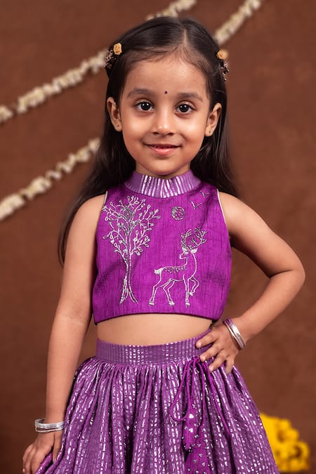 Toplove_Purple Dupion, Silk Embroidery Deer And Tree Blouse With Lehenga _Online_at_Aza_Fashions