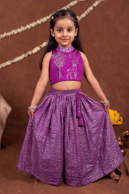 Buy_Toplove_Purple Dupion, Silk Embroidery Deer And Tree Blouse With Lehenga _Online_at_Aza_Fashions