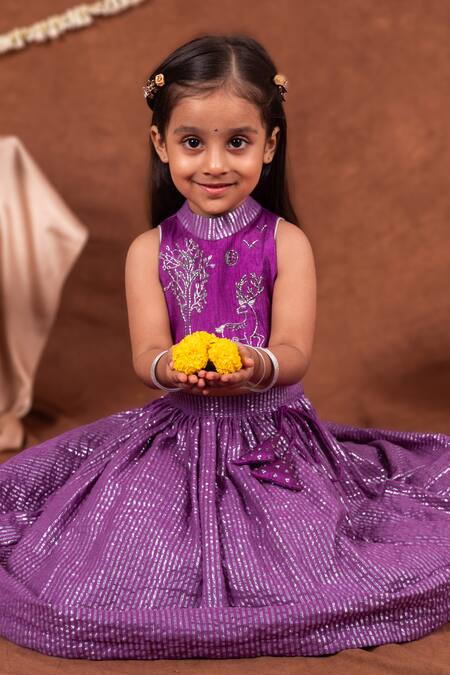 Shop_Toplove_Purple Dupion, Silk Embroidery Deer And Tree Blouse With Lehenga _Online_at_Aza_Fashions