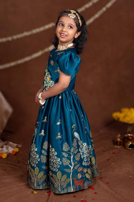 Toplove_Teal Satin Embroidery, Sequins Peacock And Tree Blouse With Lehenga _Online_at_Aza_Fashions