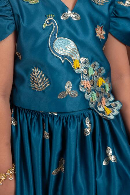 Buy_Toplove_Teal Satin Embroidery, Sequins Peacock And Tree Blouse With Lehenga _Online_at_Aza_Fashions