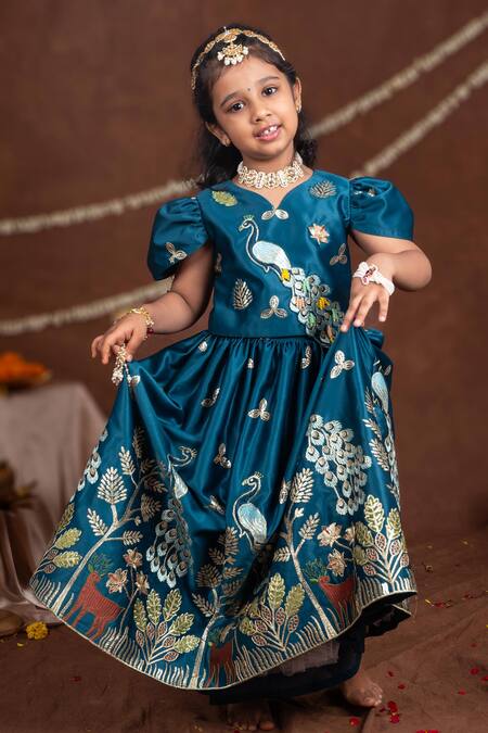 Shop_Toplove_Teal Satin Embroidery, Sequins Peacock And Tree Blouse With Lehenga _Online_at_Aza_Fashions