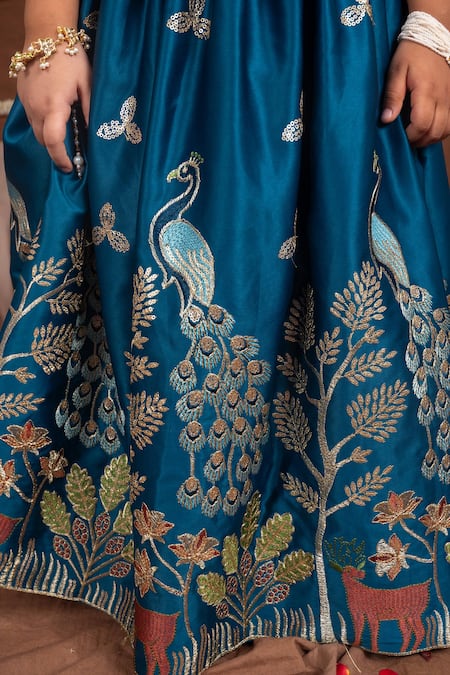 Toplove_Teal Satin Embroidery, Sequins Peacock And Tree Blouse With Lehenga _at_Aza_Fashions