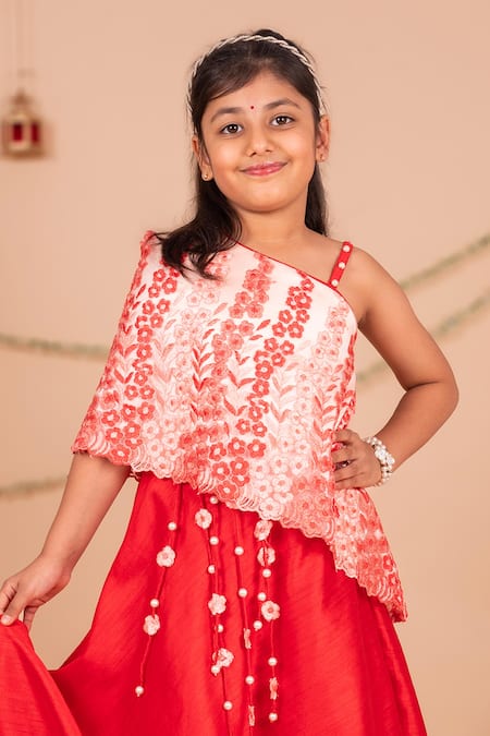 Toplove_Peach Cotton, Silk Embroidery, Pearls Cape Top And Lehenga Set _at_Aza_Fashions