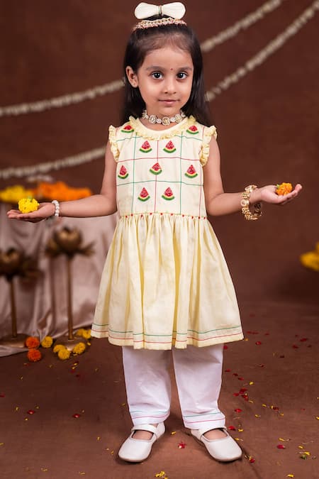Toplove Watermelon Embroidered Ruffled Kurta With Pajama 