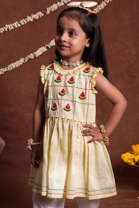 Toplove_Yellow Cotton Embroidery, Beads Watermelon Ruffled Kurta With Pajama _Online_at_Aza_Fashions