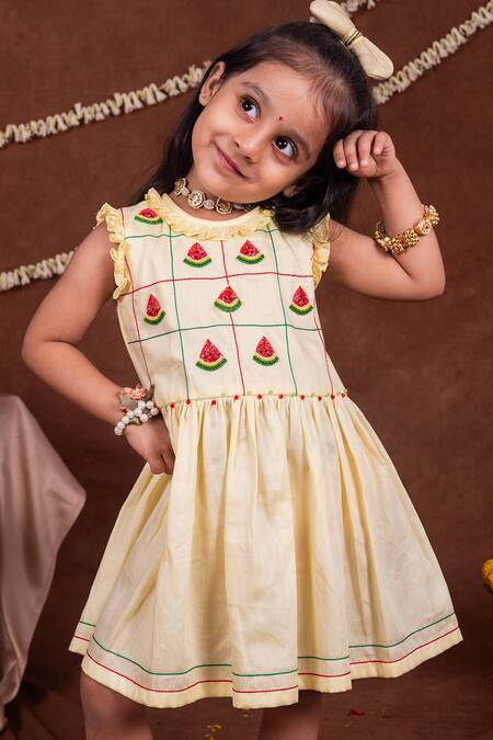 Toplove_Yellow Cotton, Silk Embroidery, Beads Watermelon Ruffled Dress _Online_at_Aza_Fashions