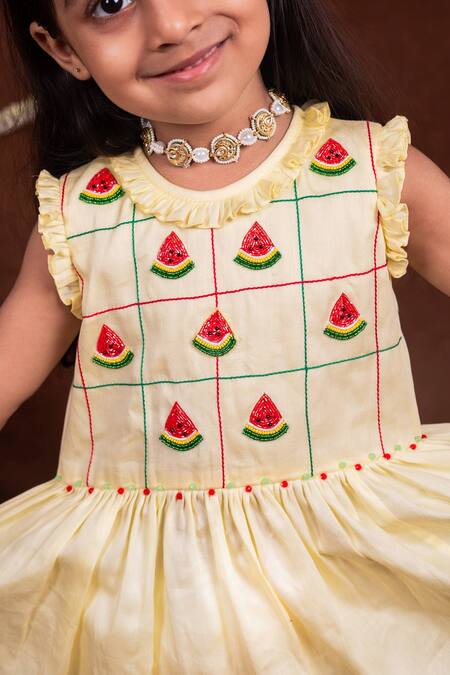 Buy_Toplove_Yellow Cotton, Silk Embroidery, Beads Watermelon Ruffled Dress _Online_at_Aza_Fashions