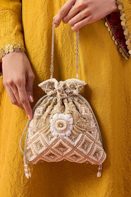 The Purple Sack Geometric Pearl & Sequin Embroidered Potli Bag 