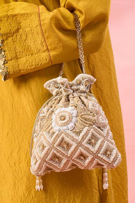 Shop_The Purple Sack_Gold Beads, Embroidery, Pearls Geometric And Sequin Potli Bag _Online_at_Aza_Fashions