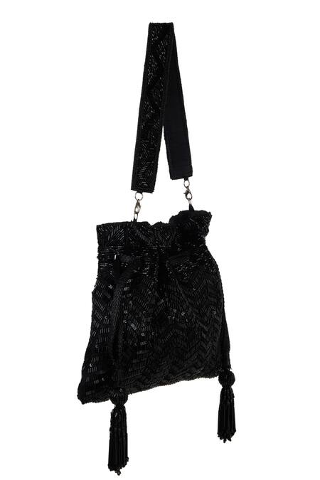 The Purple Sack_Black Sequins, Beads, Tassels Embroidered Chevron Potli Bag _Online_at_Aza_Fashions