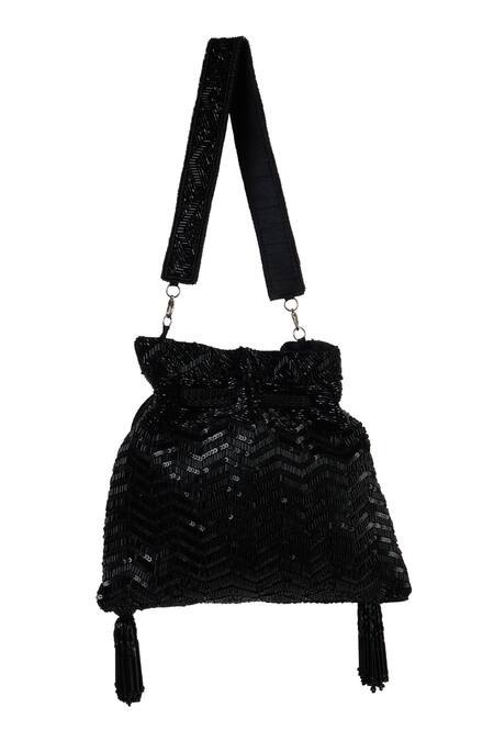 Buy_The Purple Sack_Black Sequins, Beads, Tassels Embroidered Chevron Potli Bag _Online_at_Aza_Fashions