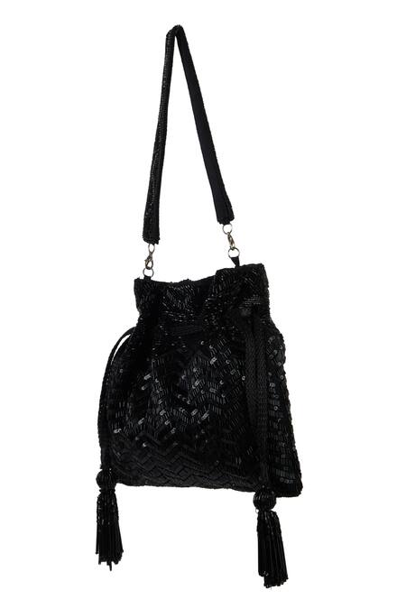 Shop_The Purple Sack_Black Sequins, Beads, Tassels Embroidered Chevron Potli Bag _Online_at_Aza_Fashions