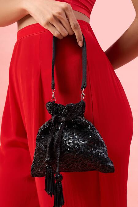 The Purple Sack_Black Sequins, Beads, Tassels Embroidered Chevron Potli Bag _at_Aza_Fashions