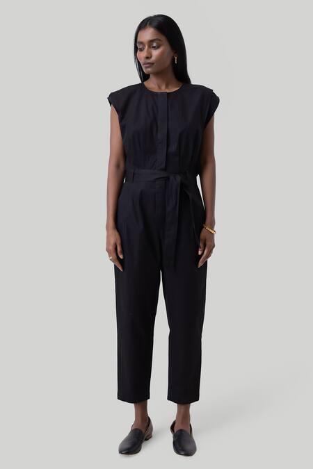 Reistor_Black Cotton Round Neck Organic Jumpsuit With Detachable Belt _Online_at_Aza_Fashions