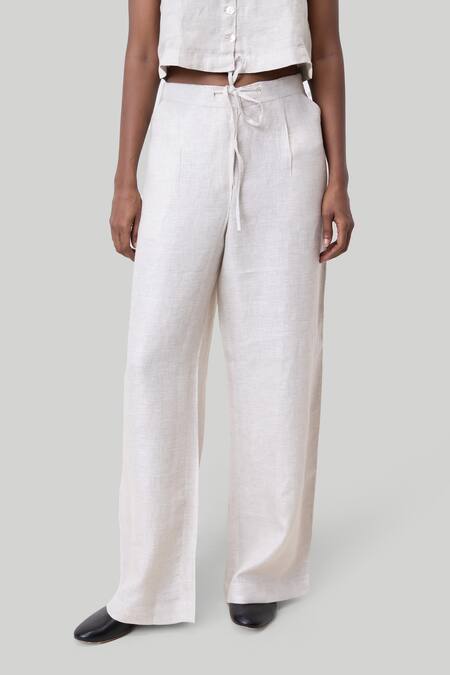 Buy_Reistor_White Cotton, Linen V-neck Cropped Vest Shirt And Wide Leg Pant Set _Online_at_Aza_Fashions