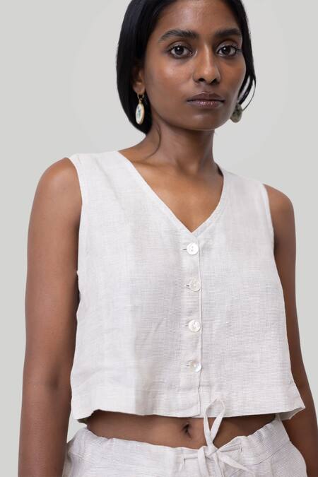 Shop_Reistor_White Cotton, Linen V-neck Cropped Vest Shirt And Wide Leg Pant Set _Online_at_Aza_Fashions