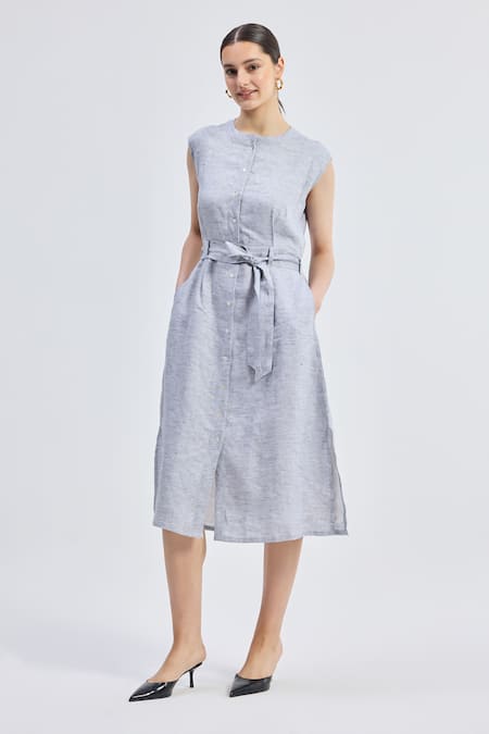 Reistor Back Cut-Out Pinstripe Linen Dress 