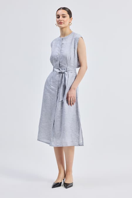 Reistor_Gray Linen Round Neck Back Cut-out Pinstripe Dress _Online_at_Aza_Fashions