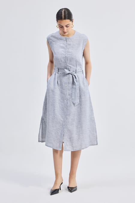 Buy_Reistor_Gray Linen Round Neck Back Cut-out Pinstripe Dress _Online_at_Aza_Fashions