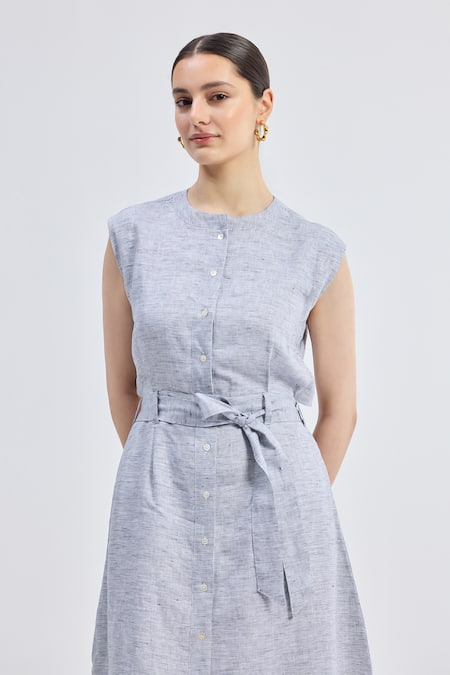 Shop_Reistor_Gray Linen Round Neck Back Cut-out Pinstripe Dress _Online_at_Aza_Fashions