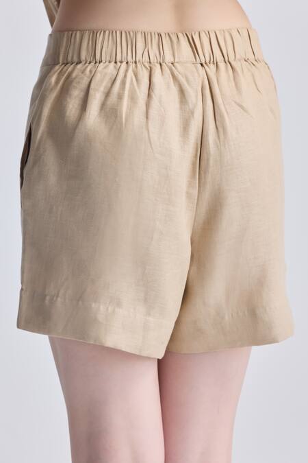 Shop_Reistor_Beige Cotton Lace Collared Boxy Shirt And Drawstring Shorts Set _Online_at_Aza_Fashions