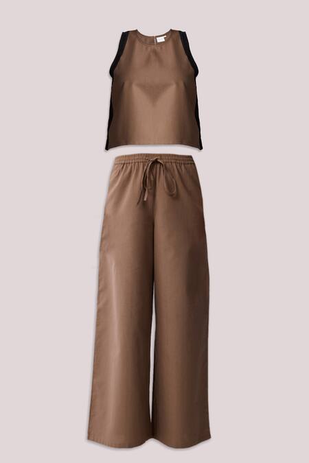 Buy_Reistor_Brown Cotton Round Neck Colorblock Top And Wide Leg Pant Set _Online_at_Aza_Fashions