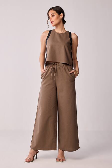 Shop_Reistor_Brown Cotton Round Neck Colorblock Top And Wide Leg Pant Set _Online_at_Aza_Fashions