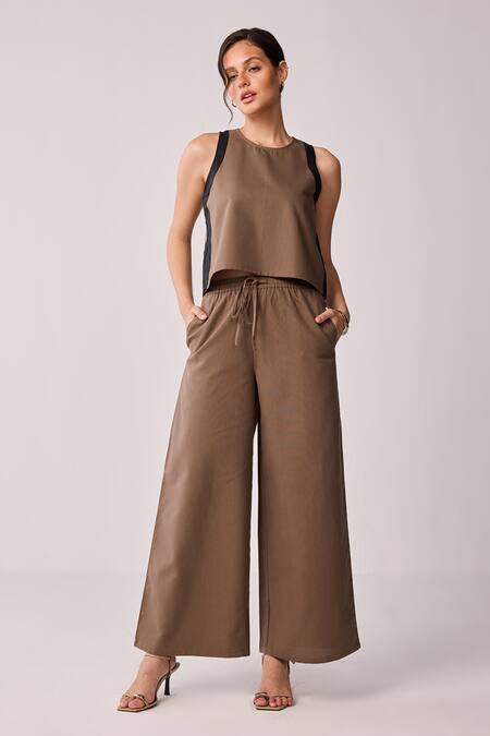 Reistor_Brown Cotton Round Neck Colorblock Top And Wide Leg Pant Set _at_Aza_Fashions
