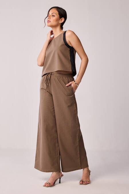 Buy_Reistor_Brown Cotton Round Neck Colorblock Top And Wide Leg Pant Set 