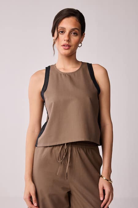 Shop_Reistor_Brown Cotton Round Neck Colorblock Top And Wide Leg Pant Set 