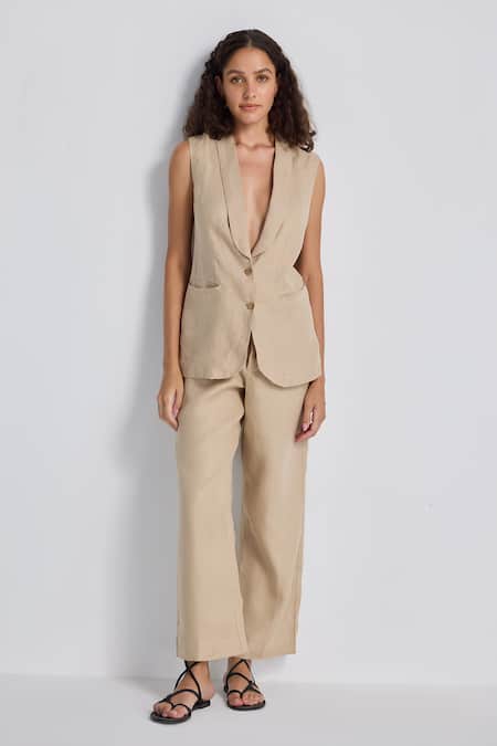 Reistor_Beige Cotton Shawl Neck Sleeveless Jacket And Pant Set _Online_at_Aza_Fashions