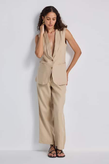 Buy_Reistor_Beige Cotton Shawl Neck Sleeveless Jacket And Pant Set _Online_at_Aza_Fashions