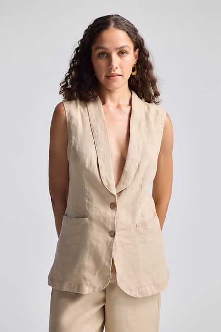 Shop_Reistor_Beige Cotton Shawl Neck Sleeveless Jacket And Pant Set _Online_at_Aza_Fashions